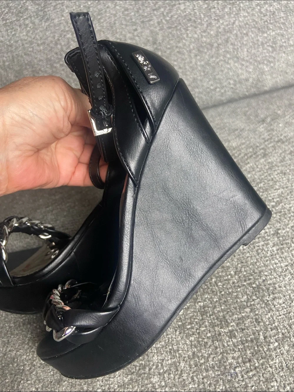 Sugar Women’s Black Wedge Sandals with Chain Accent size 6 M
